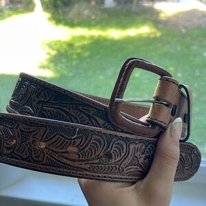 Western tooled leather cowgirl belt